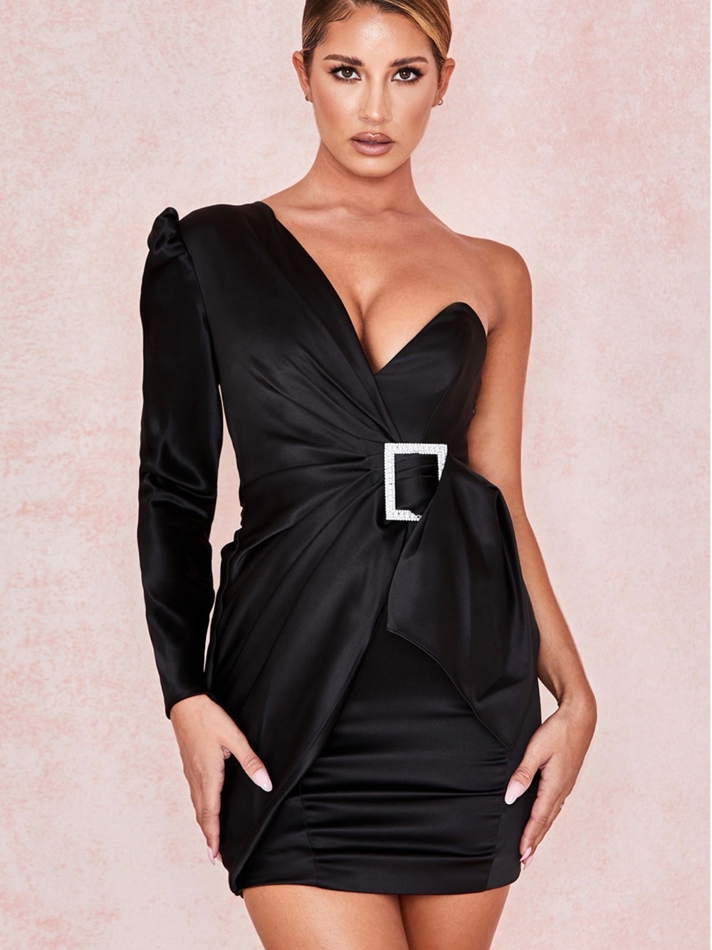 House of CB Black One-Shoulder Mini Dress with Rhinestone Buckle
